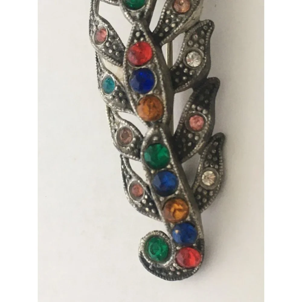 Little Nemo Feather Colored Rhinestone Brooch Pin Art Nouveau Vtg Jewelry Signed - Picture 3 of 9